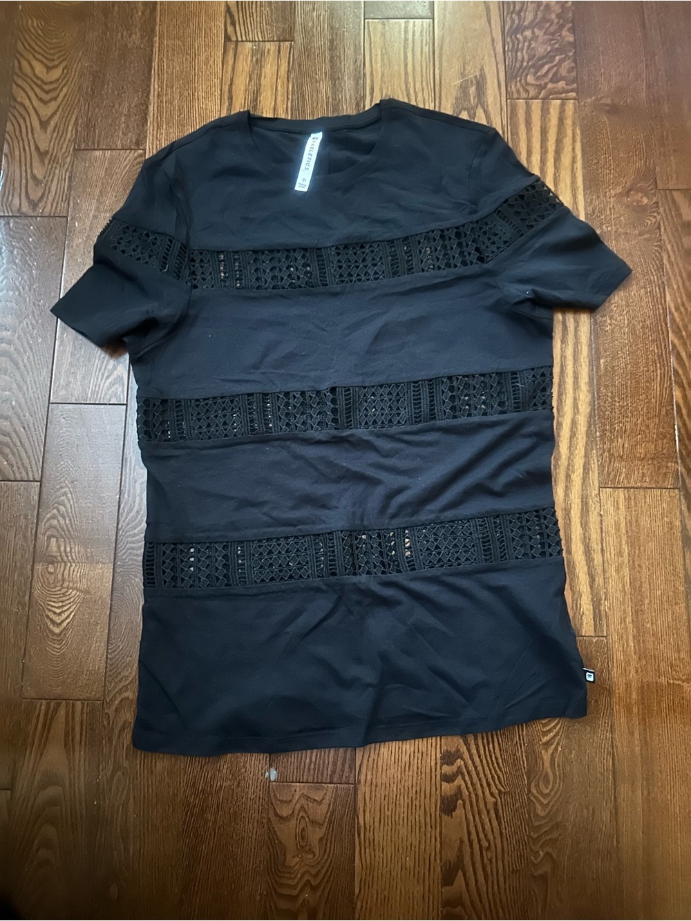Fabletics Black Short-Sleeve Tee with Crochet Stripe Details